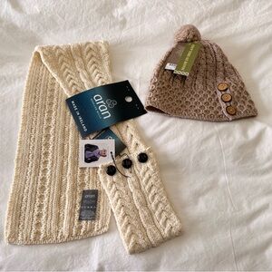 Aran Woollen Mills | Set Knit Pom Hat & Button Loop Scarf | Soft Merino Wool NWT